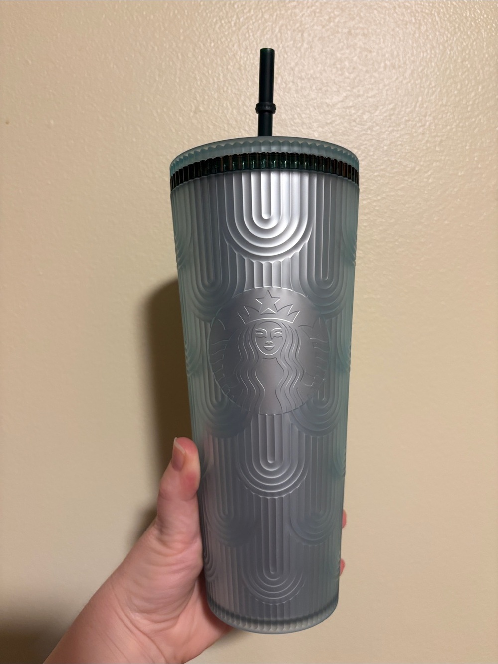 Starbucks Green Tumbler with Gray Lid and Black Straw